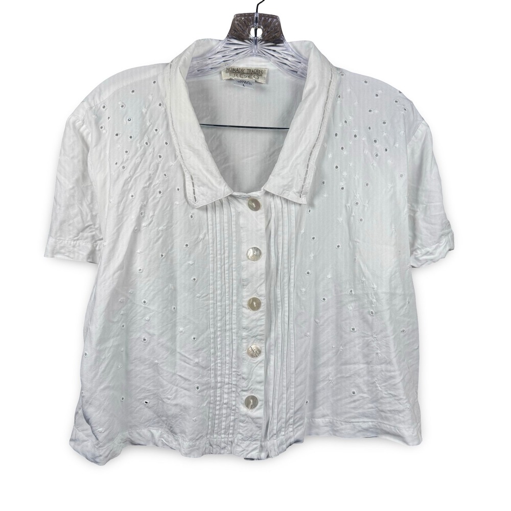 White Cropped Eyelet Blouse Women's L Large Button Down Nomadic Traders Fresco